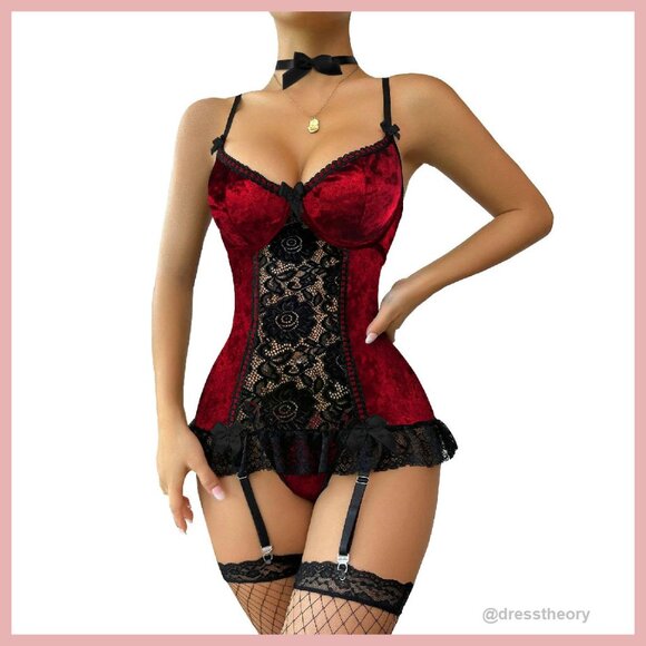 Other - Sexy Lace Babydoll Corset Teddy Lingerie Set with Garter Belt